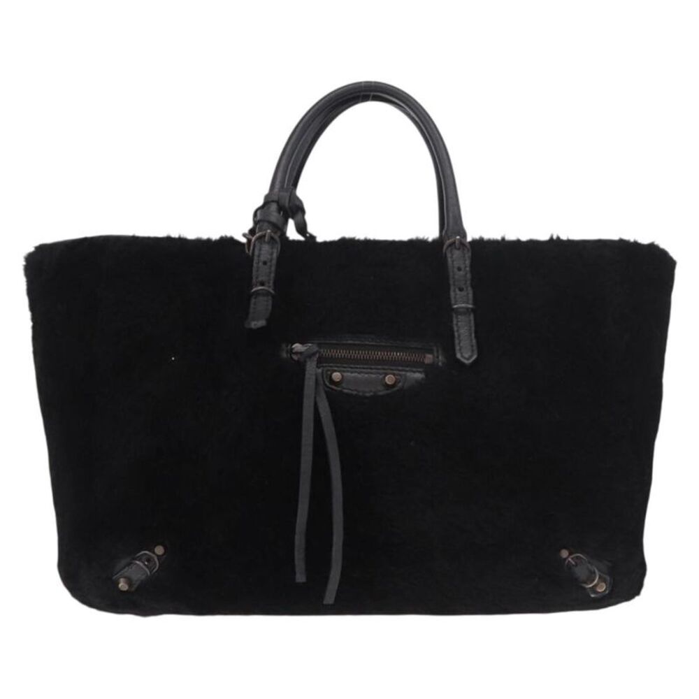 Balenciaga Papier A4 Classic Studs Shearling Black Fur Handbag